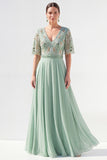 Green Beaded V-Neck Chiffon Mother of the Bride Dress