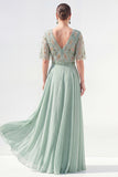 Green Beaded V-Neck Chiffon Mother of the Bride Dress