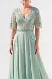 Green Beaded V-Neck Chiffon Mother of the Bride Dress