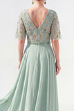 Green Beaded V-Neck Chiffon Mother of the Bride Dress