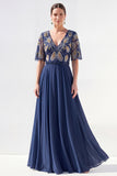 Green Beaded V-Neck Chiffon Mother of the Bride Dress