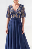 Green Beaded V-Neck Chiffon Mother of the Bride Dress