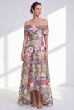 Light Khaki Off the Shoulder High Low Floral Mother of the Bride Dress