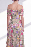 Light Khaki Off the Shoulder High Low Floral Mother of the Bride Dress