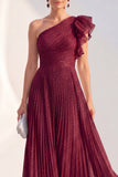 Glitter One Shoulder Pleated Navy Mother of the Bride Dress