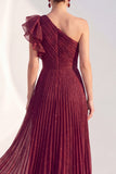 Glitter One Shoulder Pleated Navy Mother of the Bride Dress