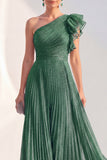 Glitter One Shoulder Pleated Navy Mother of the Bride Dress