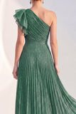 Glitter One Shoulder Pleated Navy Mother of the Bride Dress