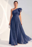 Glitter One Shoulder Pleated Navy Mother of the Bride Dress