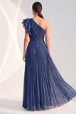 Glitter One Shoulder Pleated Navy Mother of the Bride Dress