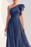 Glitter One Shoulder Pleated Navy Mother of the Bride Dress