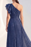 Glitter One Shoulder Pleated Navy Mother of the Bride Dress