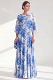 Red Chiffon Printed Long Mother of the Bride Dress with 3/4 Sleeves
