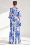 Red Chiffon Printed Long Mother of the Bride Dress with 3/4 Sleeves