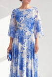 Red Chiffon Printed Long Mother of the Bride Dress with 3/4 Sleeves