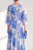 Red Chiffon Printed Long Mother of the Bride Dress with 3/4 Sleeves