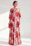 Red Chiffon Printed Long Mother of the Bride Dress with 3/4 Sleeves