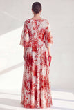 Red Chiffon Printed Long Mother of the Bride Dress with 3/4 Sleeves
