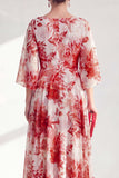Red Chiffon Printed Long Mother of the Bride Dress with 3/4 Sleeves