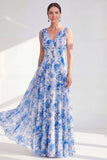 Blue A Line V-Neck Floral Mother of the Bride Dress