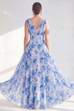Blue A Line V-Neck Floral Mother of the Bride Dress