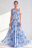 Blue A Line V-Neck Floral Mother of the Bride Dress
