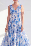 Blue A Line V-Neck Floral Mother of the Bride Dress