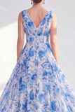 Blue A Line V-Neck Floral Mother of the Bride Dress