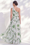 One Shoulder Printed Green Mother of the Bride Dress with Slit