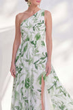 One Shoulder Printed Green Mother of the Bride Dress with Slit
