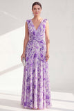 Purple Printed Ruched V-Neck Long Mother of the Bride Dress