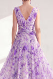 Purple Printed Ruched V-Neck Long Mother of the Bride Dress