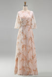 Champagne Floral Mother of the Bride Dress with Half Sleeves
