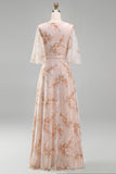 Champagne Floral Mother of the Bride Dress with Half Sleeves