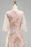 Champagne Floral Mother of the Bride Dress with Half Sleeves