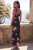 Black Square Neck Ruched Floral Wedding Guest Dress