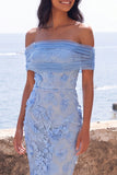 Off the Shoulder Applique Mermaid Blue Wedding Guest Dress