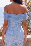 Off the Shoulder Applique Mermaid Blue Wedding Guest Dress