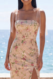 Champagne Sequin Floral Sheath Wedding Guest Dress with Slit