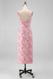 Sequin Pink Square Neck 3D Flower Midi Wedding Guest Dress with Slit