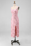 Sequin Pink Square Neck 3D Flower Midi Wedding Guest Dress with Slit