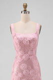 Sequin Pink Square Neck 3D Flower Midi Wedding Guest Dress with Slit