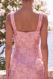 Sequin Pink Square Neck 3D Flower Midi Wedding Guest Dress with Slit