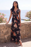 Black V-Neck Floral Wedding Guest Dress with Twist Front