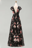 Black V-Neck Floral Wedding Guest Dress with Twist Front