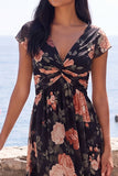 Black V-Neck Floral Wedding Guest Dress with Twist Front