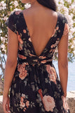 Black V-Neck Floral Wedding Guest Dress with Twist Front