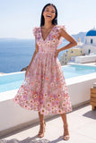 Pink Floral Applique A Line V-Neck Midi Wedding Guest Dress