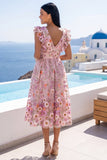 Pink Floral Applique A Line V-Neck Midi Wedding Guest Dress