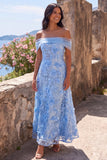 Off the Shoulder A Line Blue Floral Wedding Guest Dress